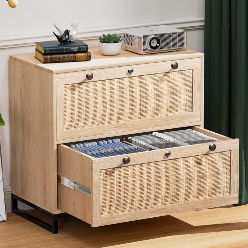 Wood Rattan 2 Drawer Lateral File Cabinet with Lock