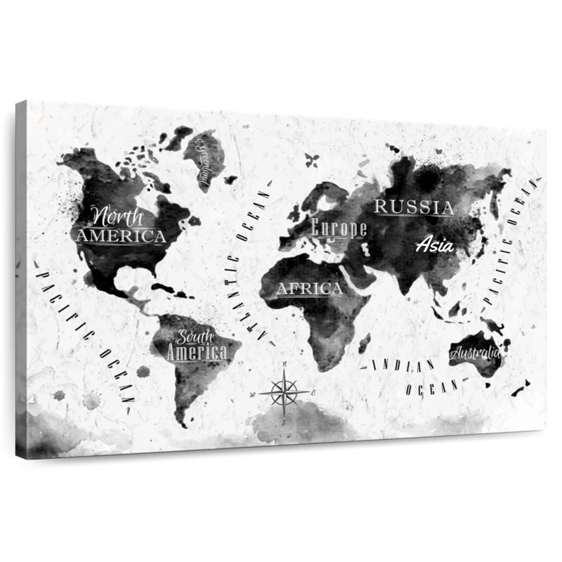 Carte du monde à l'encre noire d'Aliaz, H 16 po x l 24 po