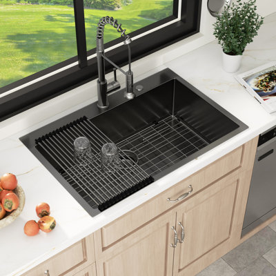 33" L x 22" W Drop-In Kitchen Sink Single Bowl 16 Gauge Stainless Steel Sink with Sink Bottom Gird and Drain Assembly