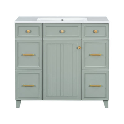 36" Bathroom Vanity with Ceramic Sink, Solid Wood Frame, Soft Close Doors, Adjustable Shelves, 3 Drawers ,Including Double-Depth Drawer for Hairdryer Storage