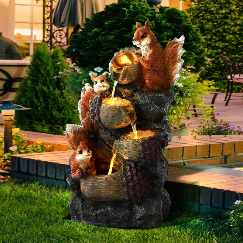 23.6" Outdoor Water Fountain With Led Lights, 4-tier Squirrels Hazelnut Bowls Garden Fountain, Modern Cascading Waterfall Fountains For Garden, Patio, Backyard, Deck, Porch And Home Decor