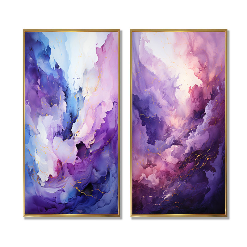 "Mauve et bleu" Mystic Melody I - Ensemble de 2 reproductions d'art sur toile, Cadre flottant doré, H 40 po x l 41 po