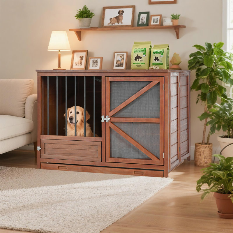Mobilier de caisse pour chien en bois massif, chenil d'intérieur pliable avec table de bout multifonctionnelle rotative à 360 ° pour petits et moyens chiens, cage pour animaux portable avec plateau amovible et assemblage facile