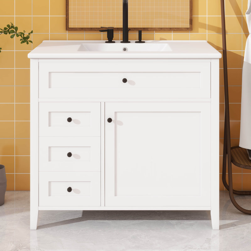 Meuble-lavabo autoportant 36 po avec lavabo, armoire moderne en bois aggloméré et bois d'hévéa, 3 tiroirs, tablette réglable