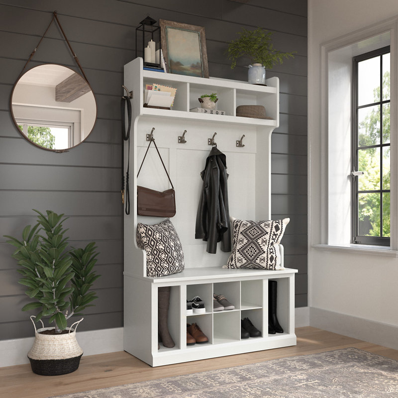 Kierra Hall Tree 40'' Wide with Bench and Shoe Storage, White Ash