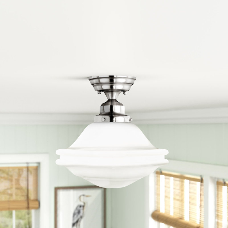 Mandy Glass Semi Flush Mount, Milk Glass, Satin Nickel