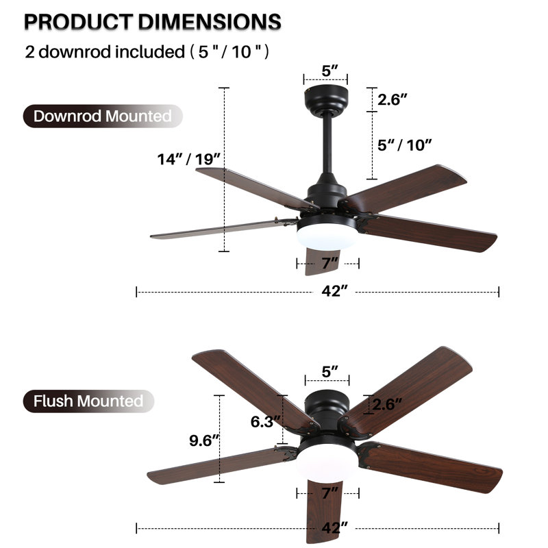 Derick 5-Blade Modern Ceiling Fan with LED Light and Remote Control, 42", Black