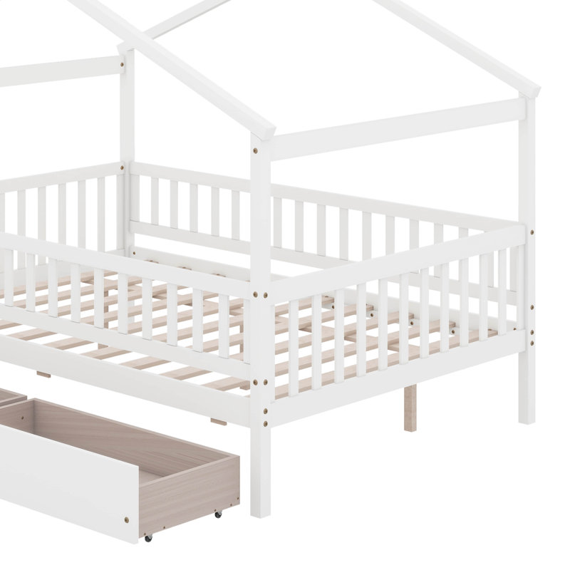 Lit double en bois avec tiroirs, Blanc