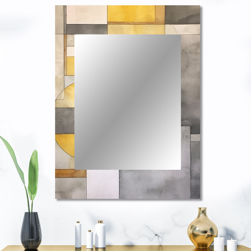 Yellow and Grey Intersecting Realities I - Modern Wall Mirror, 40 po x 30 po