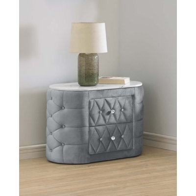 1Pc Wooden Bedroom Oval Upholstery Nightstand Wiith Faux Marble Top
