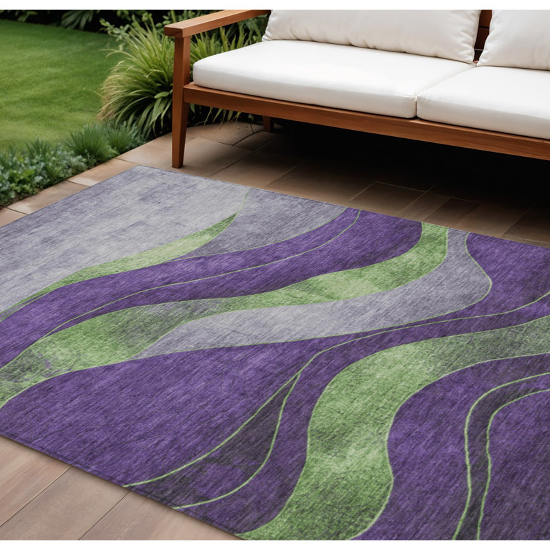 Tapis intérieur/extérieur lavable, violet abstrait et vert, 2,74 m x 3,66 m