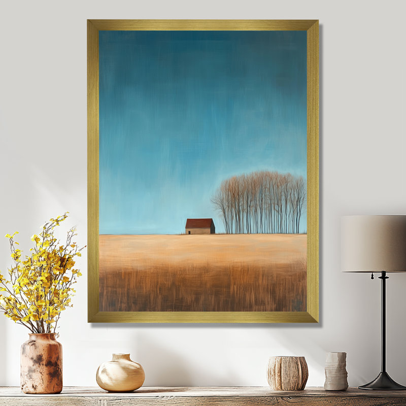 Horizon paisible de ferme - Tableau encadré sur toile représentant une grange bleue, H 32 po x l 24 po, Encadrement doré