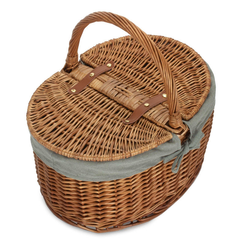 Wicker Empty Lidded Lined Oval Picnic Basket Hamper, Natural
