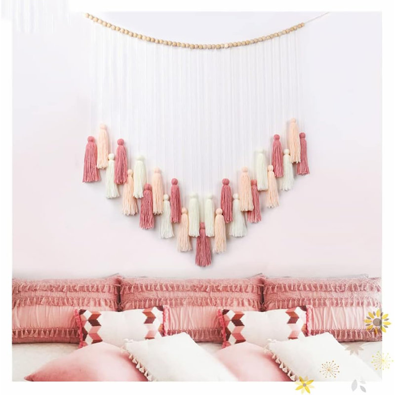 Boho Macrame Wall Hanging – Handmade Blush Pink Tassel Decor with Rose Gold Accents for Nursery, Classroom, Baby Shower, Wedding, Living Room, or Back to School Display