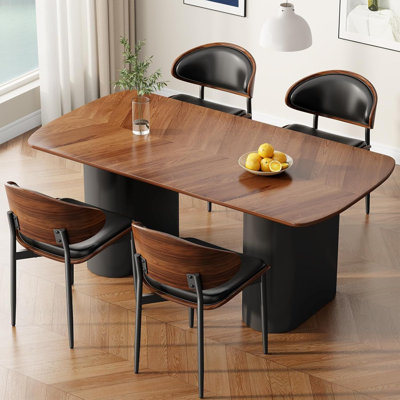 Ensemble de 4 chaises de salle à manger de style Mid-Century moderne, sièges rembourrés en similicuir noir avec dossier en bois de noyer, chaises de cuisine ergonomiques pour la salle à manger, le coin-repas ou le bureau