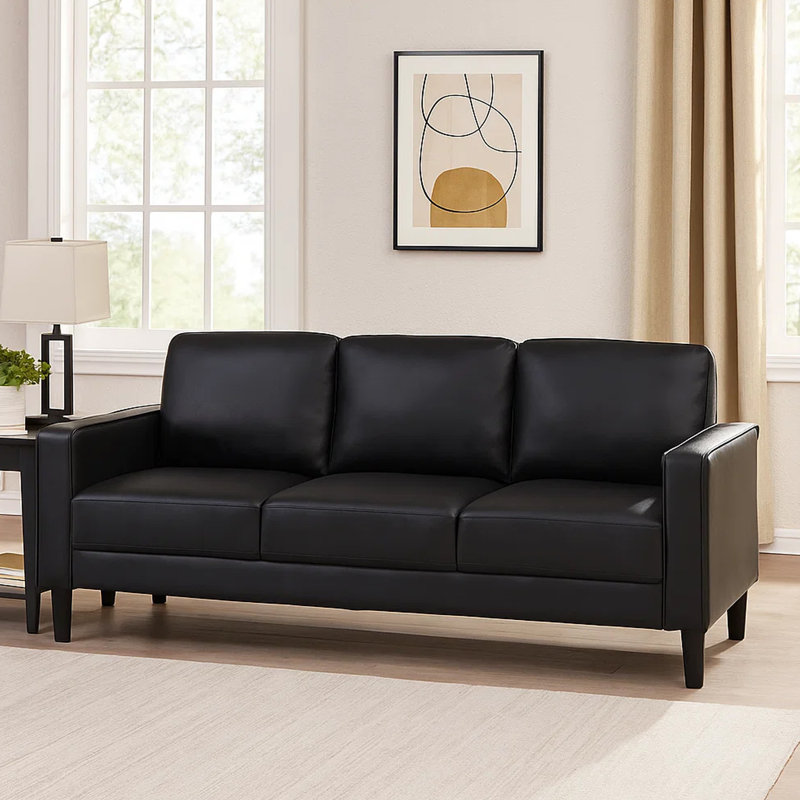 Rumi Sofa, Faux Leather, Modern Track Arms, Foam Cushions, 77 Inch, Rumi Black Faux Leather