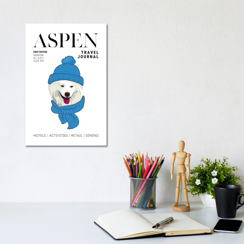 Aspen Travel Journal Magazine Cover With Winter Dog In Scarf by Design Harvest - Wrapped Canvas Print