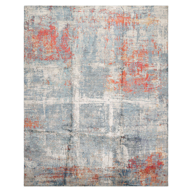 Tapis moderne abstrait en sherpa tibétain noué à la main 8 x 10 ivoire et ardoise