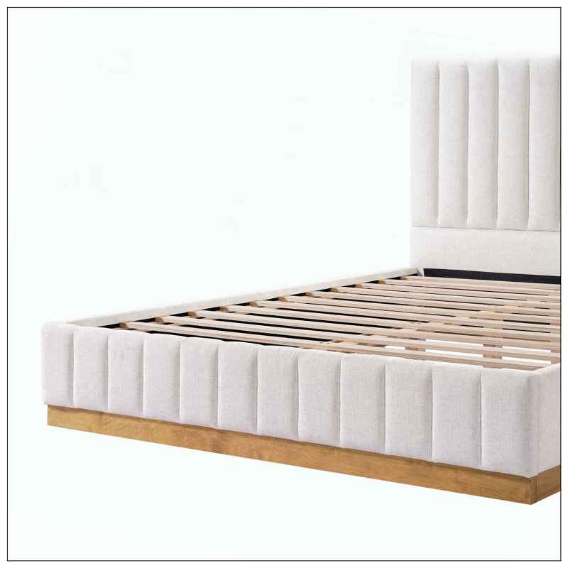 Hara Linen Upholstered Bed Withthick Headboard & Solid Wood Base, Queen