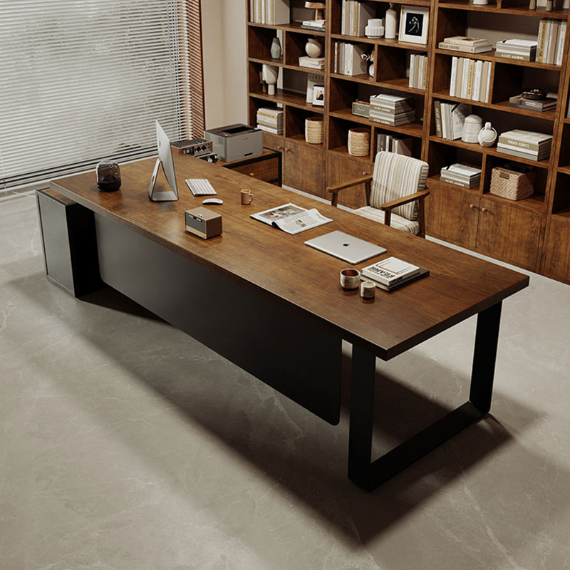 78.74" Dark-brown+Black L-Shaped Solid Wood+Iron Office Sets