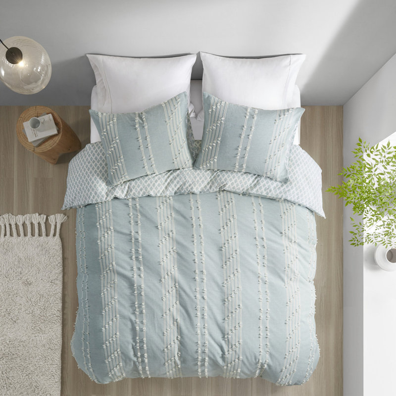 Ensemble de housse de couette en jacquard de coton double / grand 3 pièces, Rayures bleues