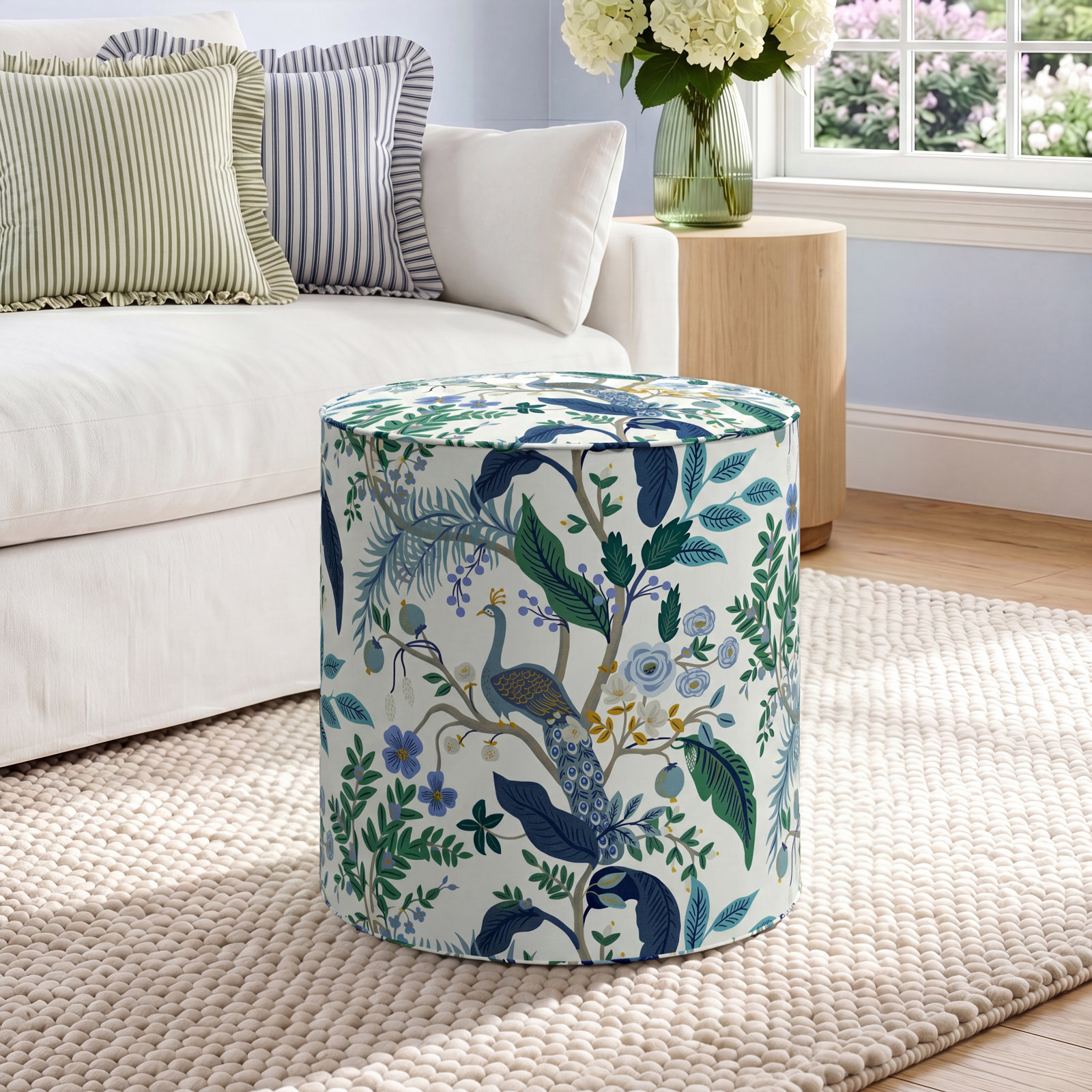 Rifle Paper Co. x Cloth & Company Billie Ottoman, Black Strawberry Fields Linen Blend