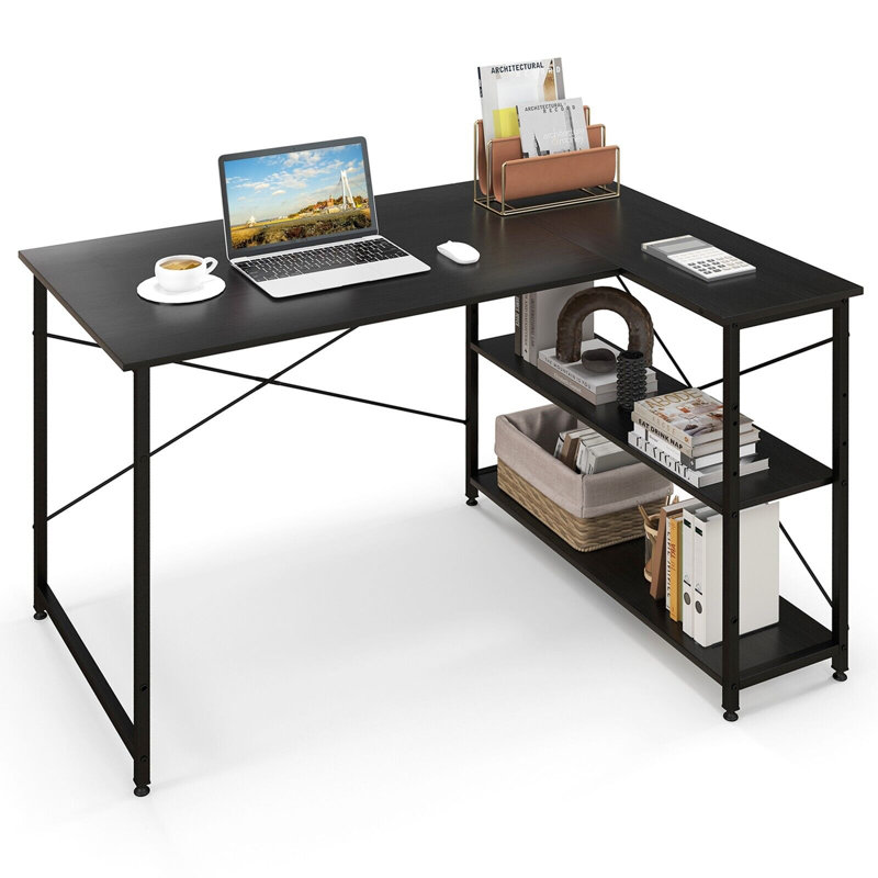 L-Shaped Computer Desk Reversible Corner Desk With Adjustable Shelf, Black