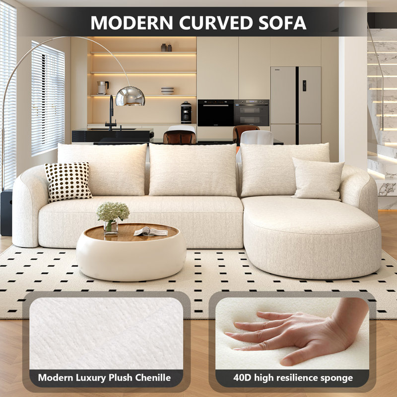 Boneless 138.6" Modular Sectional Couches Luxury Modern Curved Back Sofa,Minimalist Comfy L-Shape Boneless Cloud Couch for Living Room Apartment,(Right Facing Chaise,Black)