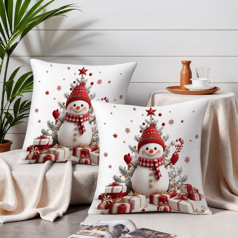 Housses de coussin décoratives en microfibre douce JYK, imprimées recto verso, avec fermeture éclair invisible, idéales pour la décoration intérieure et les cadeaux. 50 x 50 cm, motif bonhomme de neige blanc et rouge.