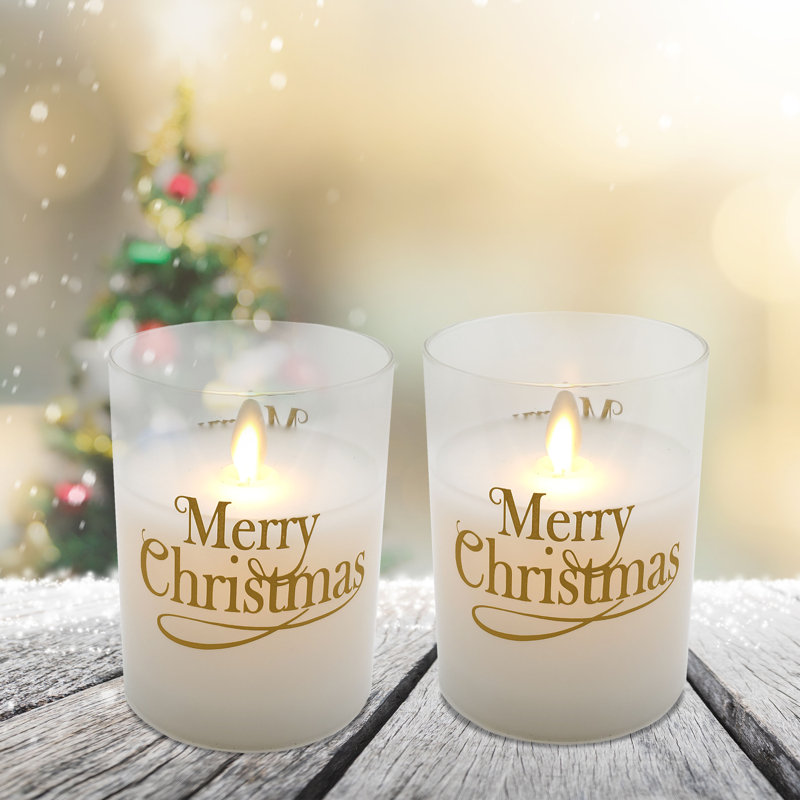 Bougies en verre DEL à piles avec flamme vacillante et joyeux Noël - 2 pièces