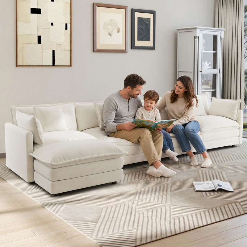 Clitheroe 5-Seaters 146.6" Modular L-Shaped Chenille Upholstered Sectional Sofa, with Movable Ottoman, White Chenille