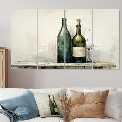 «Green Minimalist Wine Bottles Silhouette I - Wine», art mural 4 pièces