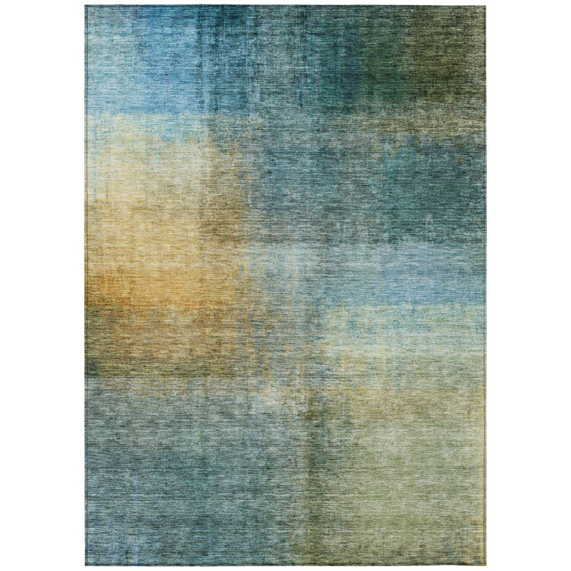 3' X 5' Blue Gold And Green Abstract Washable Indoor Outdoor Area Rug