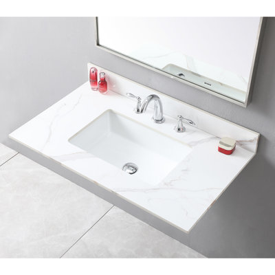 Dessus de meuble-lavabo de 37 po en pierre frittée dorée, lavabo rectangulaire encastré en céramique, 3 trous de robinet, avec dosseret inclus et trous de 37 po