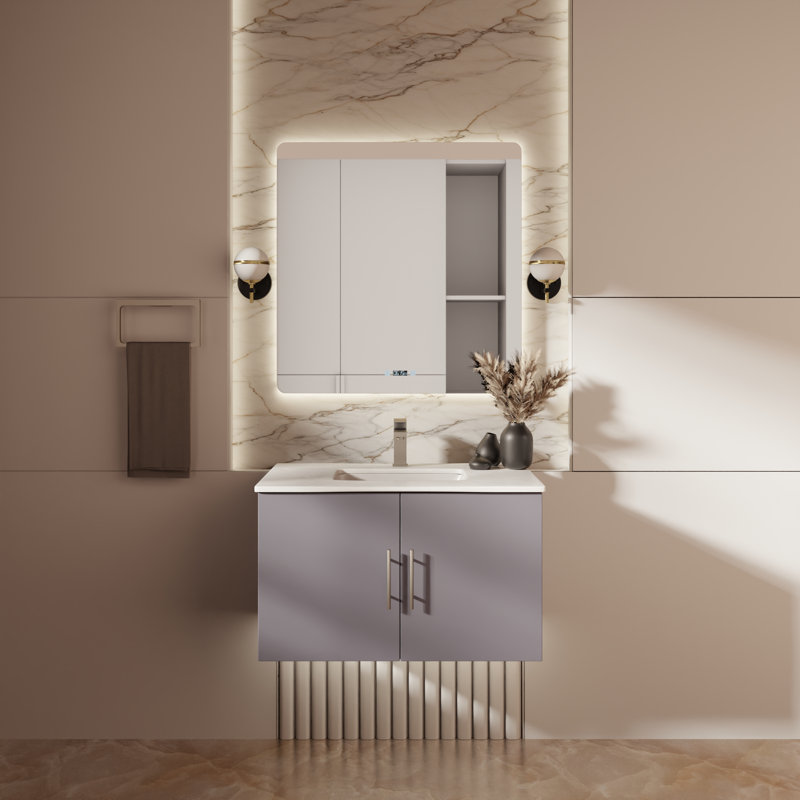 Ensemble de meuble-lavabo mural simple 30 "avec miroir Geneva, Gris foncé, Quartz blanc