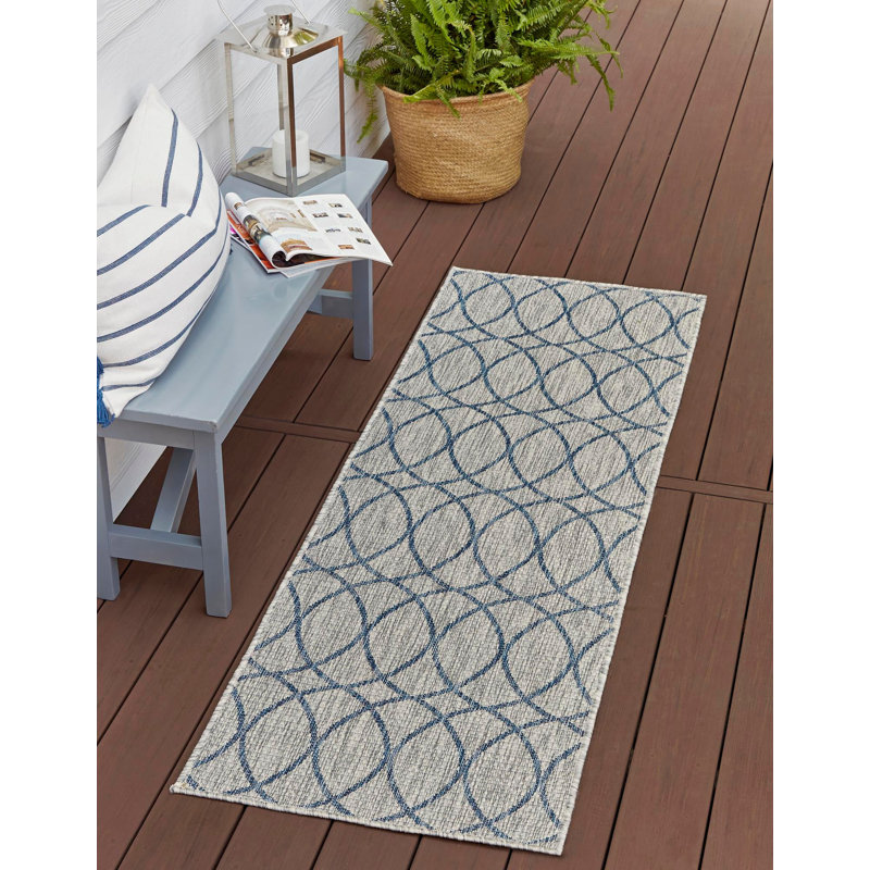 Gray Blue Gitter Indoor/Outdoor Trellis Rug, Runner 2'11" x 10'