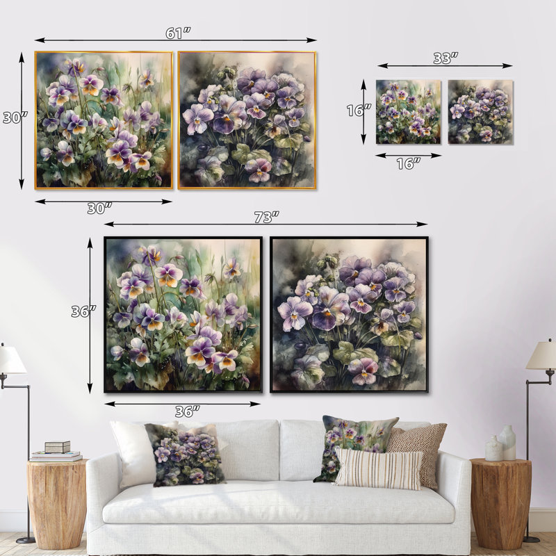 Pétunias mauves en fleurs - ensemble de 2 pivoines carrées, Cadre flottant noir, H 16 po x l 33 po