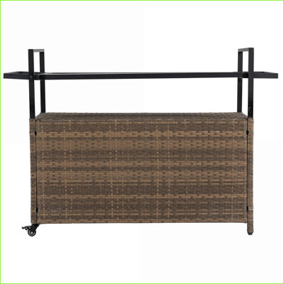 Outdoor Wicker Bar Cart with Glass Top &amp; 360° Wheels | Light Brown | Steel Frame