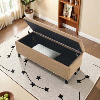 Banc de rangement avec repose-pieds de 47,5 po avec charnière de sécurité - Repose-pieds capitonné en lin pour le salon, l'entrée et la chambre à coucher, capacité de poids de 500 s, brun