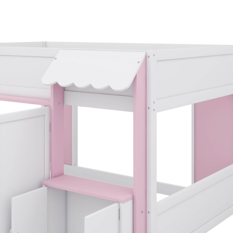 Lit mezzanine double moderne en bois avec espace de jeu intégré et grand espace de rangement, Rose