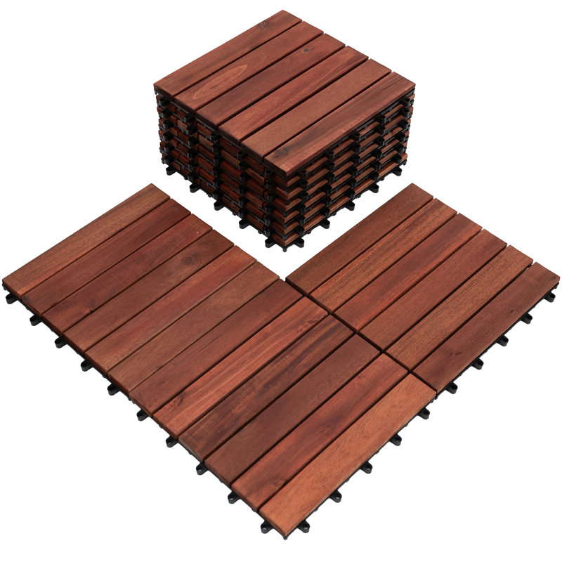 Bliss Outdoors Hardwood 6-Slat Interlocking Wood Deck Tiles, Red, Set of 10, Dark Brown