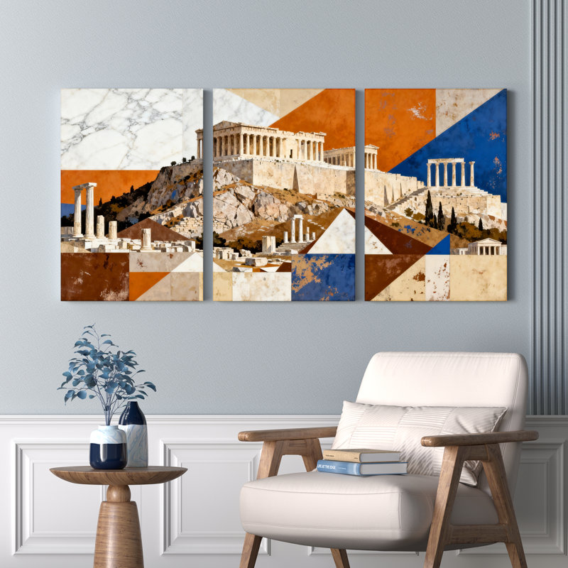 Tableau abstrait géométrique sur toile tendue représentant l'Acropole d'Athènes (lot de 3), H 18 po x l 36 po