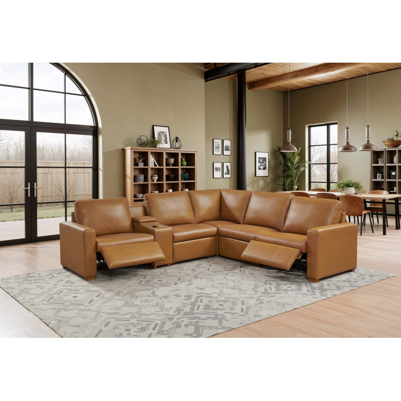 132" W Hudson Recliner Leather-Matched Sectional, Yellow Leather Match