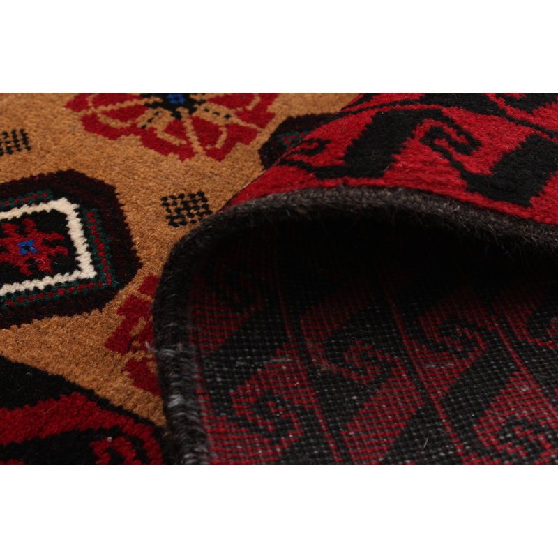 Tapis brun clair / rouge en laine noué à la main