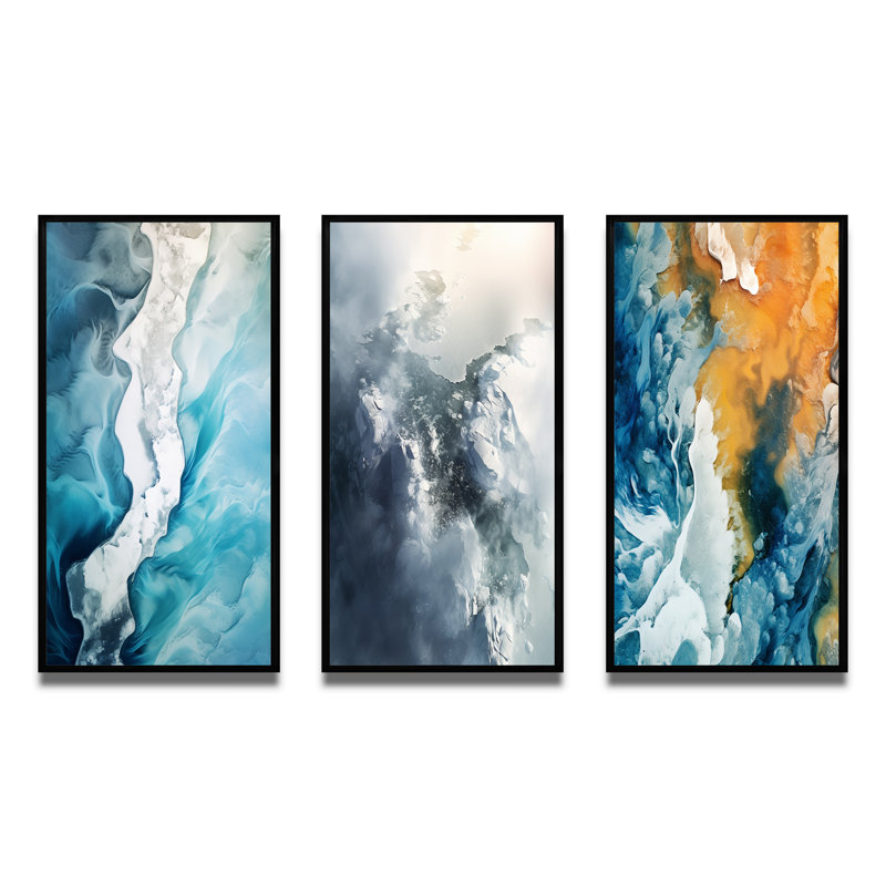 «Vue aérienne du paysage du glacier arctique», 3 pièces, Cadre flottant noir, H 48 po x l 32 po
