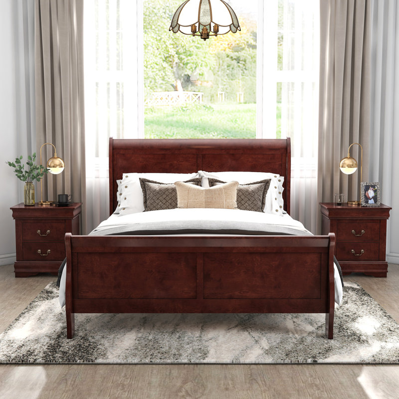 Ensemble de chambre à coucher Emelinda Extula, Cerisier, Grand, Trois pièces : lit, 2 tables de chevet