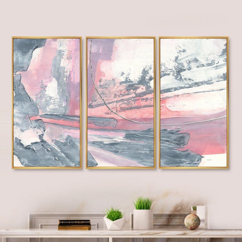 Durty Shabby Pink Blush I - ensemble d'art mural encadré sur toile Shabby Elegance, par 3, H 32 po x l 48 po x P 1 po, Or