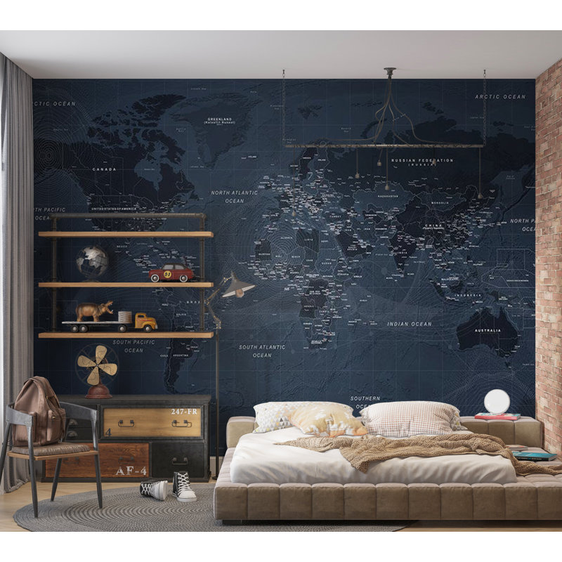 Murale carte pelez et collez - mappemonde contemporaine, L 68 po x l 96 po