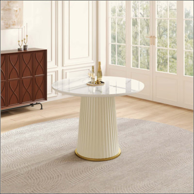 Modern Round Dining Table, Glossy Sintered Stone Top With Pleated PU Leather Iron Pedestal, Adjustable Feet For Dining Room & Negotiation Room