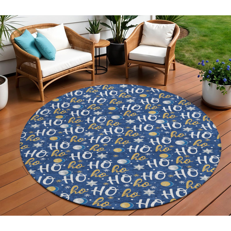 Tapis d'intérieur/extérieur rond 8' bleu marine, blanc et or à motifs « Ho Ho Ho », lavable